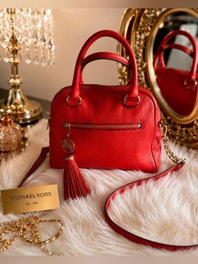 Michael Kors Red Pebbled Leather Knox Satchel Crossbody Gold Chain Tassel Charm